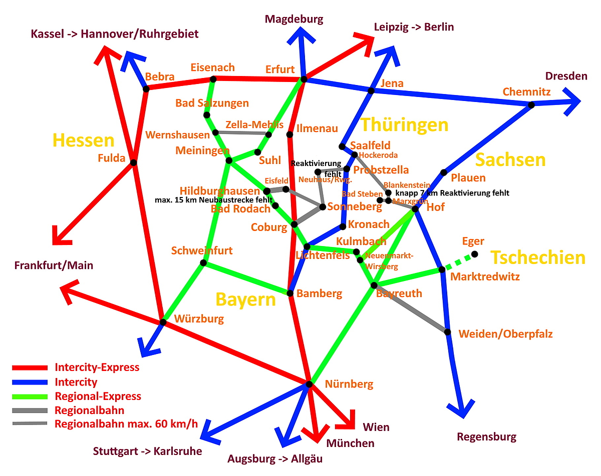 Mögliches zukünftiges Schienennetz zwischen Thüringen und Bayern